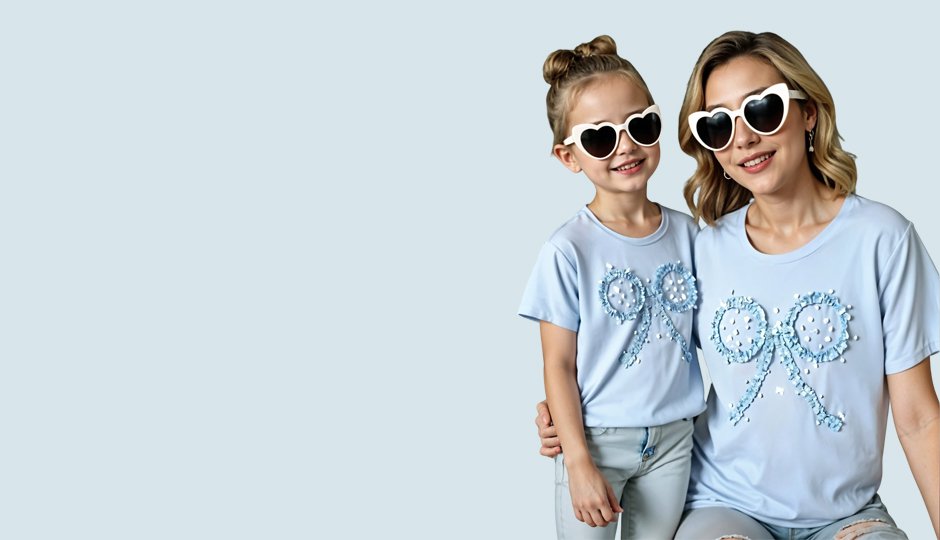 Madre e hija con camisetas azul pastel decoradas con lazo en relieve y gafas de sol en forma de corazón sobre fondo celeste